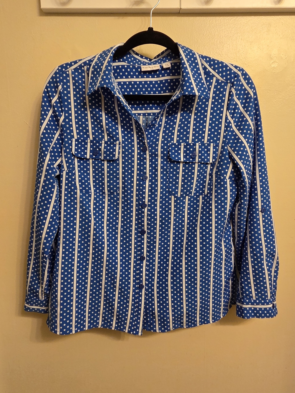 ​Kim Rogers PM Blue White Polka Dot Stripe Shirt Retro Preppy Grandmacore Office